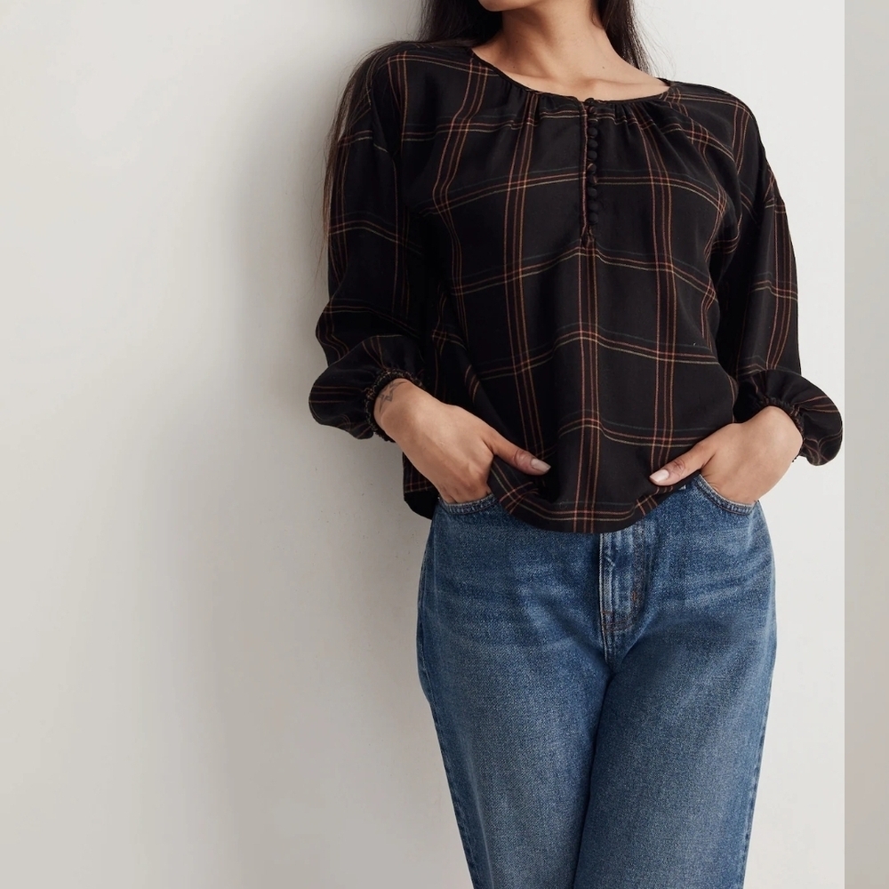 Madewell Shirred Peasant Top in Windowpane - Picture 5 of 5
